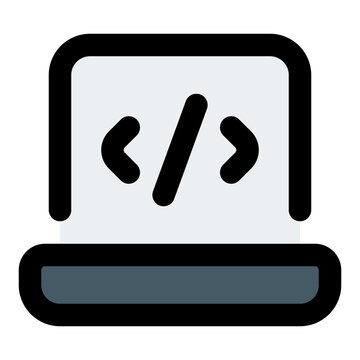 Laptop Coding Filled Line Icon Vector, Bold Outline Coding and Programming Symbol for Developer and Web Design Concept