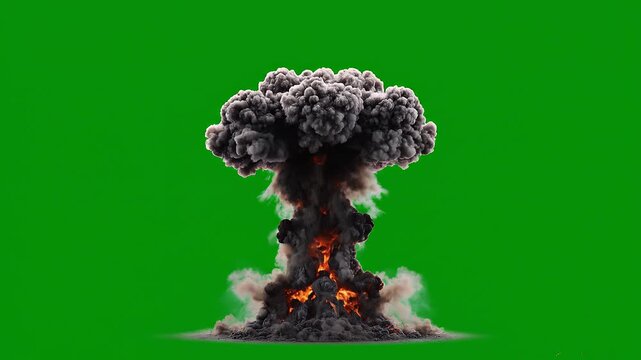 Massive Mushroom Cloud Explosion with Intense Fire and Smoke on Green Screen for Visual Effects