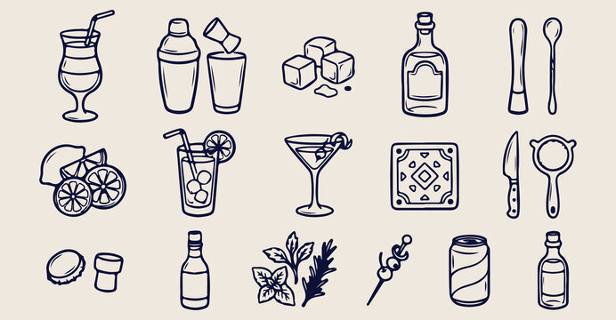 Tropical cocktail drink doodles, hand drawn bar menu sketches, happy hour party icons, summer beverage refreshment elements, whimsical glass and ice clip art, beach club sticker set, mixology lifestyl