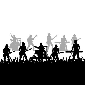 Silhouette of rock band performing live.