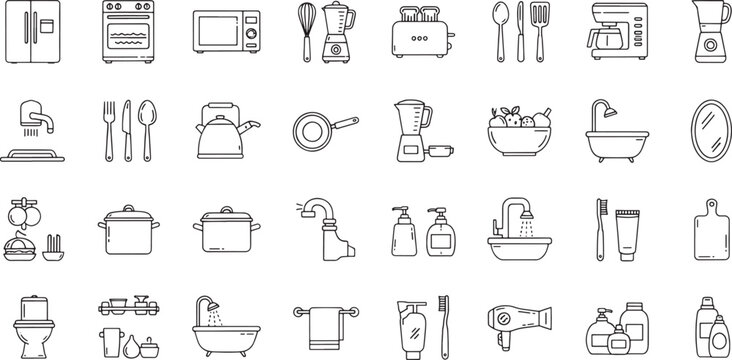 Collection of black and white line for kitchen and bathroom appliances and accessories