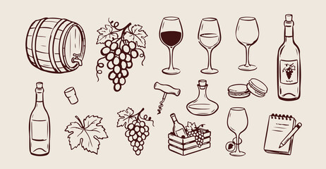 Fototapeta premium Wine tasting vineyard doodles, hand drawn grape and glass, luxury winery tour sketches, sommelier tool corkscrew icons, alcohol beverage bottle elements, happy hour drinks stickers, cellar bar menu li