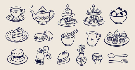 Fototapeta premium Afternoon tea party doodles, hand drawn teapot and treats, vintage english cafe sketches, bakery dessert pastry icons, cozy kitchen brunch elements, sweet macaron and scone, tea time sticker set