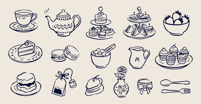 Afternoon tea party doodles, hand drawn teapot and treats, vintage english cafe sketches, bakery dessert pastry icons, cozy kitchen brunch elements, sweet macaron and scone, tea time sticker set