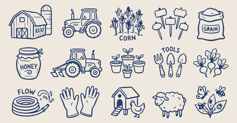 Farmer life tractor doodles, hand drawn agriculture field sketches, organic farm to table icons, country homesteading lifestyle elements, whimsical rural harvest clip art, vegetable garden planting st © Geetaroy