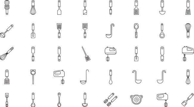 Collection of black outline kitchen utensil on white background cooking baking whisk spatula
