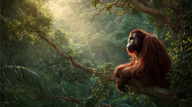 A Bornean orangutan sits on a large tree branch in a dense tropical rainforest.