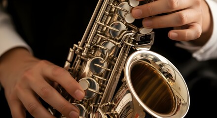 Obraz premium A close-up of hands playing a saxophone, fingers moving on the keys.
