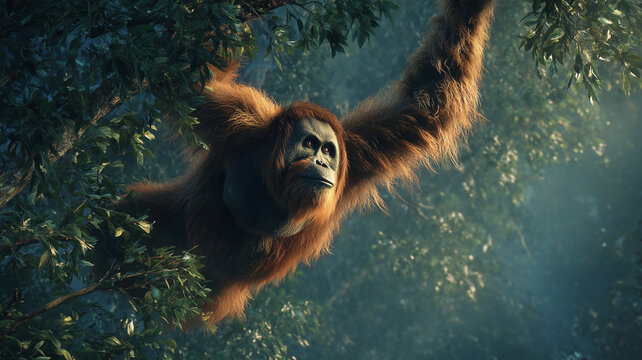 Bornean orangutans swing through the trees in the Kalimantan rainforest.