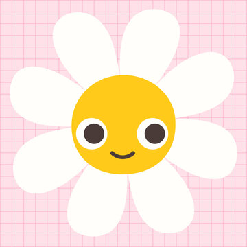 Simple vector daisy with cute face on pink background for graphic and package design for products for kids and babies