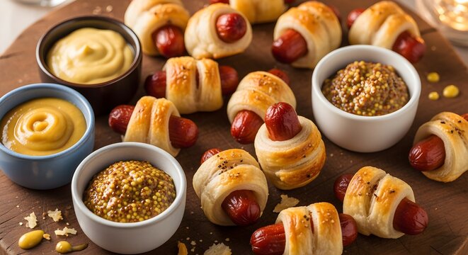 A party platter of warm, miniature pigs in a blanket with dipping mustards.