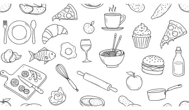 Hand drawn food and utensils seamless pattern black white doodle vector