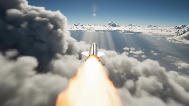 Space Shuttle Launching Through Clouds with Fiery Exhaust, Reaching for the Stratosphere.