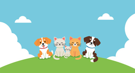 Obraz premium Group of cute cartoon dogs and cats sitting together on a green grassy hill under a bright blue sky with white clouds view.