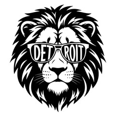 Cool Lion Mascot Head Wearing Sunglasses With Detroit Text, Majestic Jungle King Animal Portrait In Black And White Style, Vector Illustration © VisuaLabArt