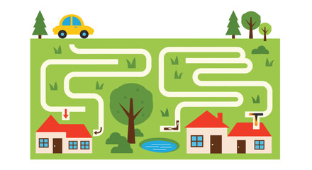 Obraz premium Fun educational maze game for children featuring a car that needs to find its way to a house through a grassy park.