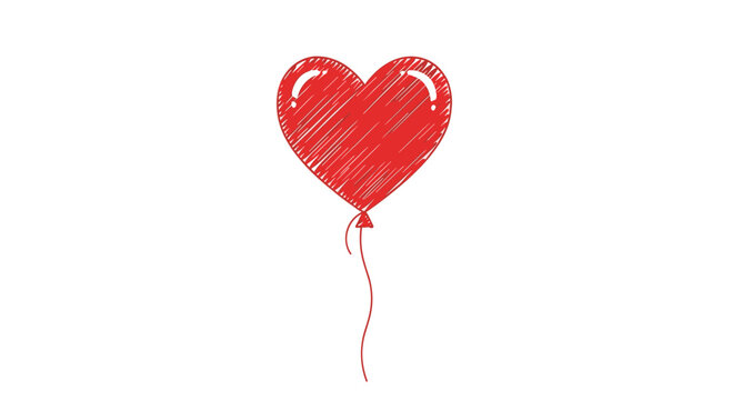 Sketchy hand-drawn illustration of a vibrant red heart-shaped balloon floating on a simple white background for love.