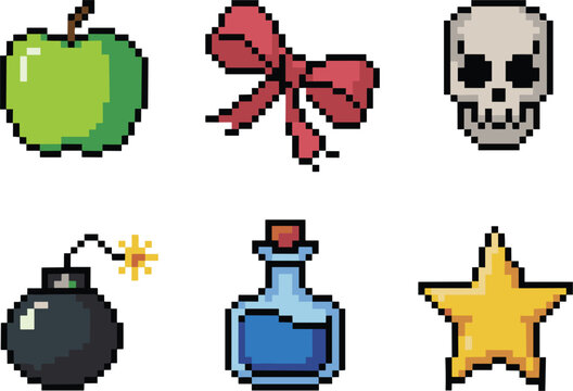 Pixel game items set, retro icons apple bomb potion star skull illustration