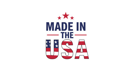 Fototapeta premium Patriotic Made in the USA logo featuring the American flag colors stars and stripes in a bold professional and clean graphic design on white.