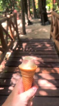POV Hand Holding Ice Cream Cone on a Sunny Day in a Park