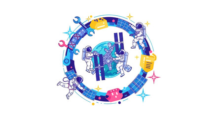Obraz premium Illustration of a family with astronaut characters celebrating International Day of Human Space Flight in outer space with a colorful galaxy background and planetary icons.