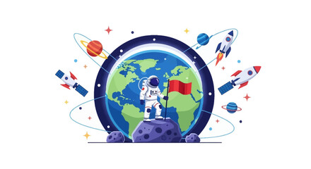 Fototapeta premium Illustration of an astronaut standing on a planet with a red flag, surrounded by space icons, rockets, and planets on a white background, celebrating the International Day of Human Space