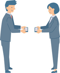 Obraz premium 名刺交換をする女性と男性のイラスト