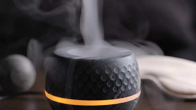 aromatherapy diffuser with cool mist rising and soft amber LED glow. High-end wellness, smart-home tech, and relaxation ritual for Mother's Day. Static macro-utility B-roll.