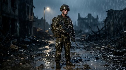 Obraz premium Brave Soldier Standing Amid War-Torn Ruins in Heavy Rain with Tactical Gear and Rifle