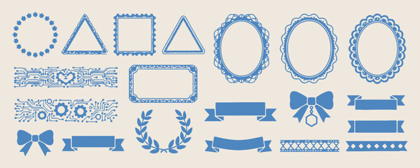 Geometric frame border doodles, hand drawn vintage mirror shapes, ornamental label scroll sketches, whimsical decorative wreath icons, elegant plaque line art, antique picture frame stickers, floral l © Geetaroy