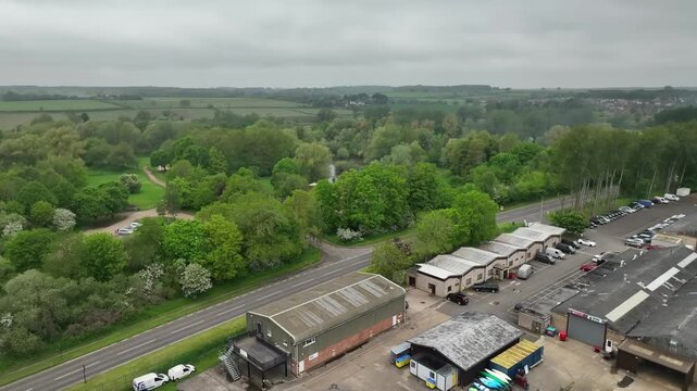 Aerial view of Barnwell marina car park and boat yard with River Nene Northamptonshire