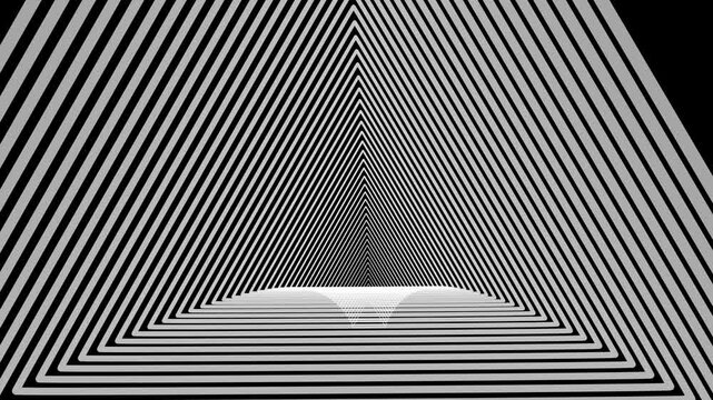 White triangular tunnel effect on a black background abstract pattern