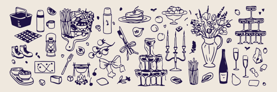 Luxury hotel amenities doodles, hand drawn high tea service, vintage hospitality service icons, boutique hotel stay sketches, fine dining restaurant elements, spa and wellness staycation, elegant room