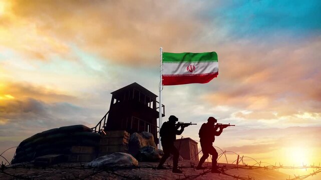 Iranian soldiers at sunset guarding a border post with a waving flag clip