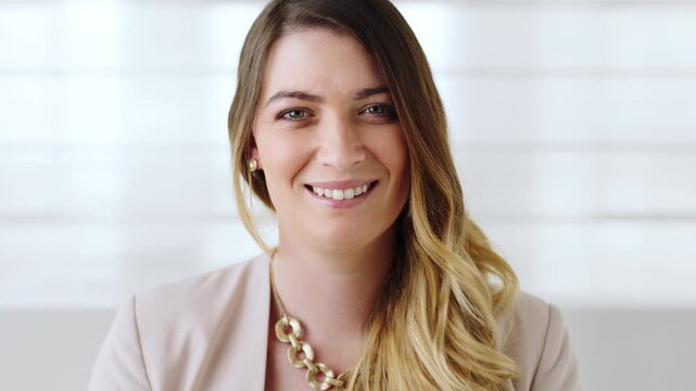 Smile, face and woman in office for journalism, creative experience and pride for about us. Business, journalist and laugh at publishing agency for career development, news reporting and growth