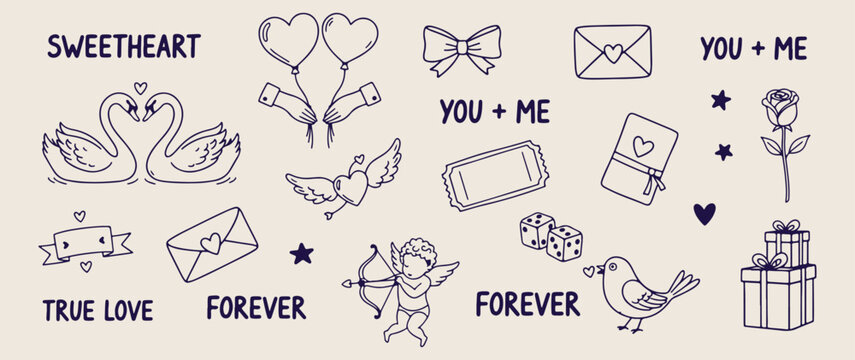 Hand drawn romantic doodle icons, vintage love heart sketches, valentine day scrapbooking elements, cute wedding planner stickers, arrow and bow graphics, romantic letter illustrations, whimsical anni