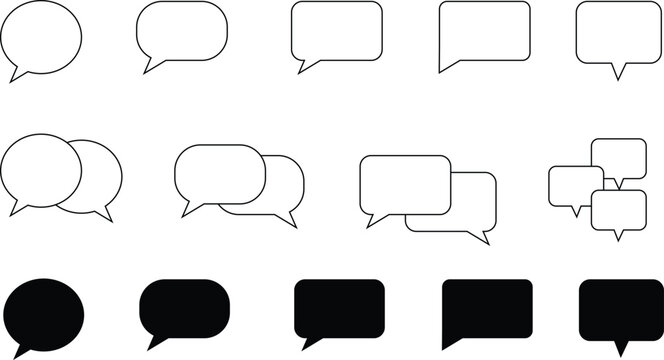 A collection of diverse black and white speech bubbles chat boxes and communication icons in various shapes and styles displayed