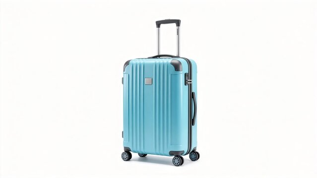 Blue hard shell suitcase with telescopic handle and spinner wheels isolated on white background ready for travel vacation business trip modern luggage design durable and stylish tr