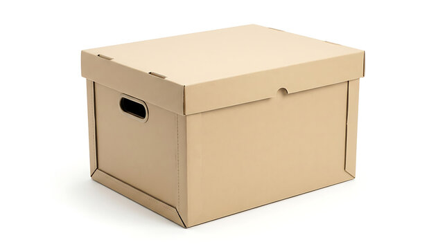 A simple, closed cardboard storage box with cut-out handles on the sides, presented against a plain white background.