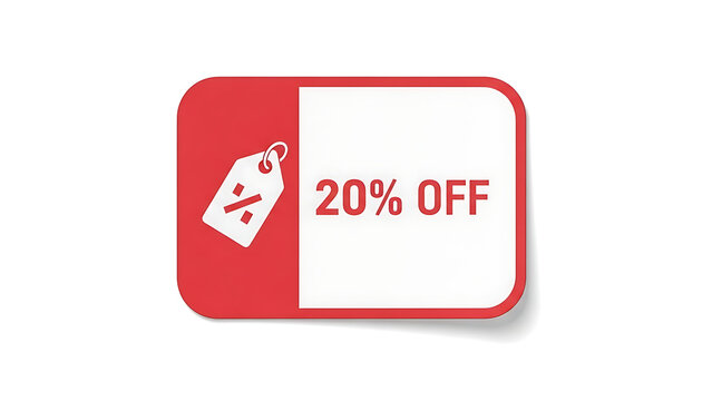 A red and white discount label with a 20 percent off promotion on a plain background