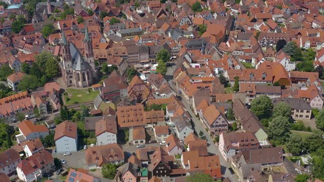 Aerial wide view around the old town of the city Ladenburg in south Germany beside Mannheim  on a sunny summer day
