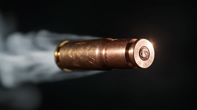 High-speed bullet in flight with smoke trail on black background.