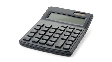 Obraz premium A black, basic calculator with a digital display and a full keypad, isolated on a white background.