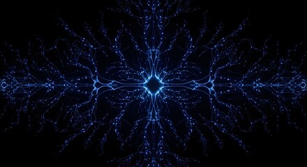 Fototapeta premium Symmetrical neural network structure with glowing blue lines branching out like trees against black background