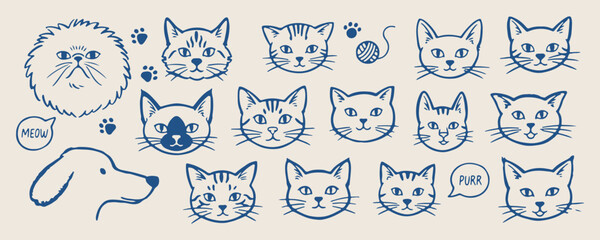 Cute kitten face doodles, hand drawn cat lover sketches, whimsical feline pet icons, animal rescue adoption elements, playful kitty lifestyle clip art, domestic pet sticker set, cat breed line art gra © Geetaroy
