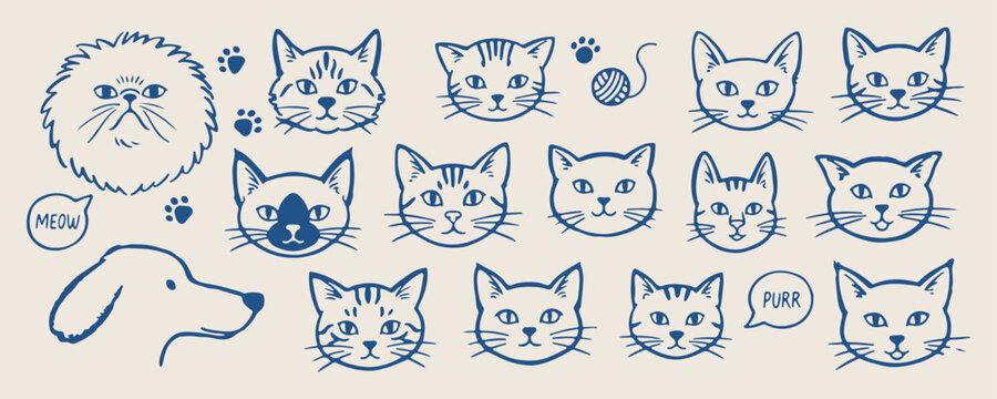 Cute kitten face doodles, hand drawn cat lover sketches, whimsical feline pet icons, animal rescue adoption elements, playful kitty lifestyle clip art, domestic pet sticker set, cat breed line art gra