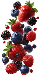 Obraz premium A colorful arrangement of fresh berries, including strawberries, blueberries, raspberries, and blackberries, floating together against a clean background. The fruits appear vibrant, juicy, and freshly