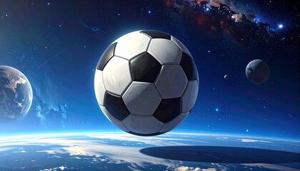 Naklejka premium Floating Zero-G: A soccer ball suspended in space with planet earth in the background