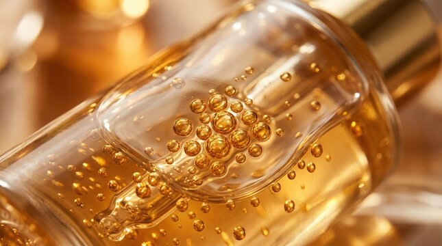 황금빛 액체 속에 떠 있는 미세한 오일 방울들과 영양감이 느껴지는 점성