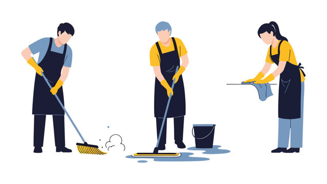 Cleaning Crew: Three workers in uniform and aprons diligently clean a space, with one sweeping, another mopping a wet floor, and the third wiping a surface.